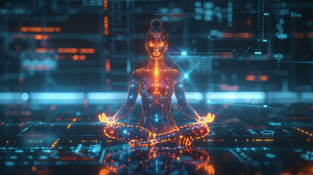 A futuristic, 3D rendering that explores the science behind the connection between meditation and beautiful skin.