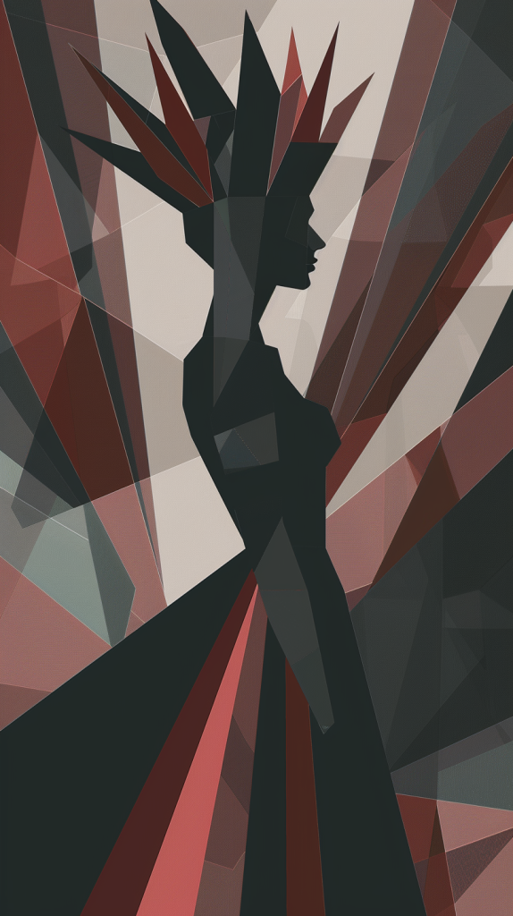 A minimalist representation of a woman being crowned at a beauty show, featuring clean, geometric shapes and a limited color palette.