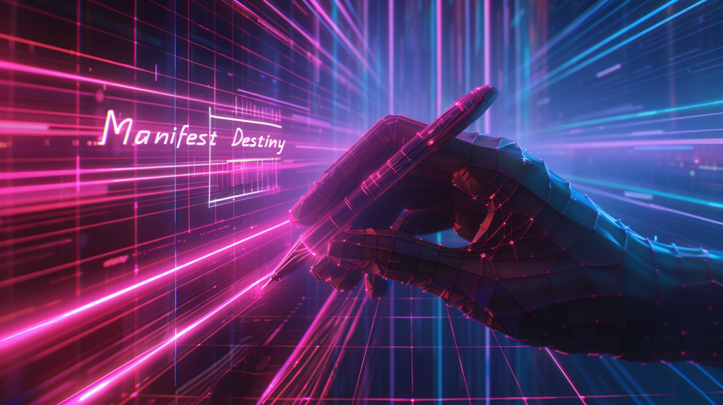 A retro-futuristic neon art piece depicting the concept of manifesting through writing.