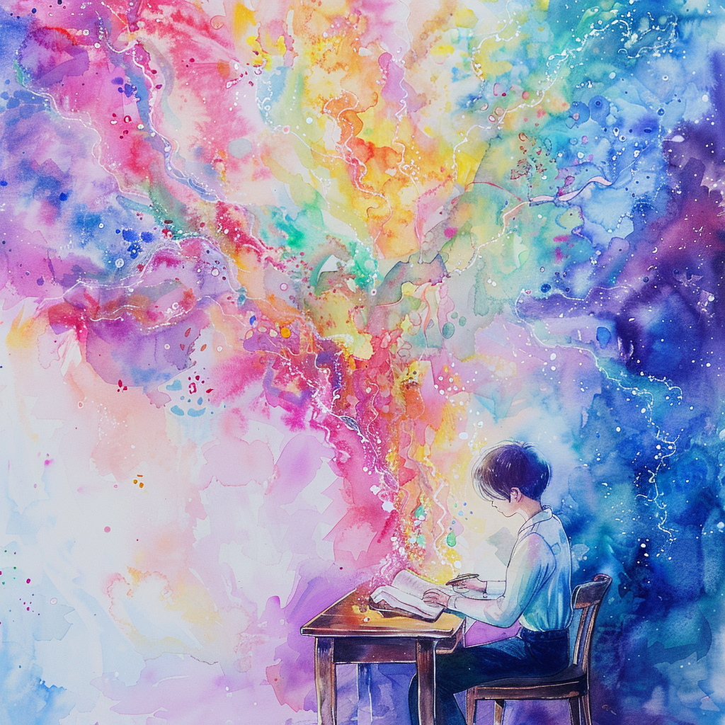 A whimsical watercolor painting depicting the process of manifestation through writing.