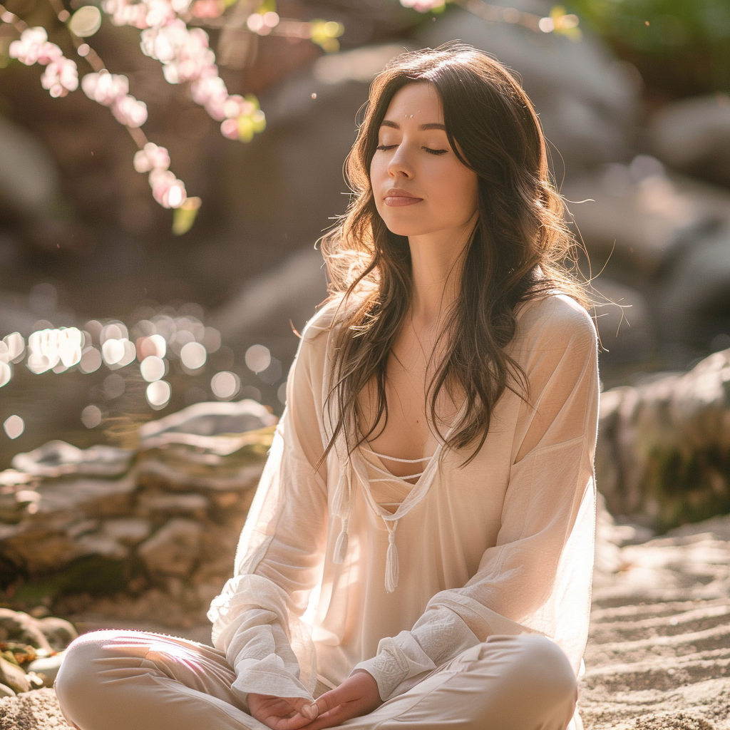 A woman with flawless, glowing skin sits in a serene meditation pose, her eyes closed and a gentle smile on her face.