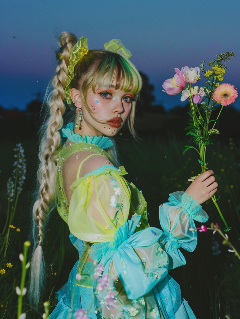 candid photo of an eccentric blonde goth girl in a pastel neon blue and green dress with puffy sleeves holding flowers at night on a grassy field