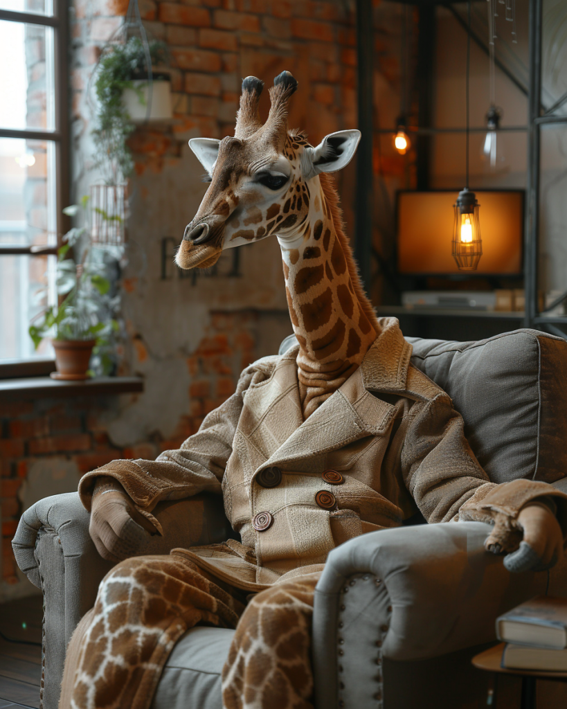 image of a happy enthusiastic pop Giraffe sitting on a recliner watching the modern flat tv in well lit ambient room , wearing a fashion dominated outfit