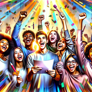 The sense of accomplishment and joy of achieving good exam results through an uplifting digital painting. Bathe the scene in a bright, warm light that radiates a feeling of positivity and success. Position a group of young students in a celebratory pose, with smiling faces and outstretched arms, conveying a palpable sense of triumph and elation. Shoot the image from a slightly elevated angle, allowing the viewer to feel a part of the joyful moment. Utilize a vibrant, colorful artistic style that blends realism with playful, stylized elements, creating a visually engaging and emotionally resonant composition. Render the piece in a digital medium, showcasing rich textures, dynamic brushstrokes, and a visually captivating final result that inspires a sense of pride, motivation, and the transformative power of hard work and dedication.