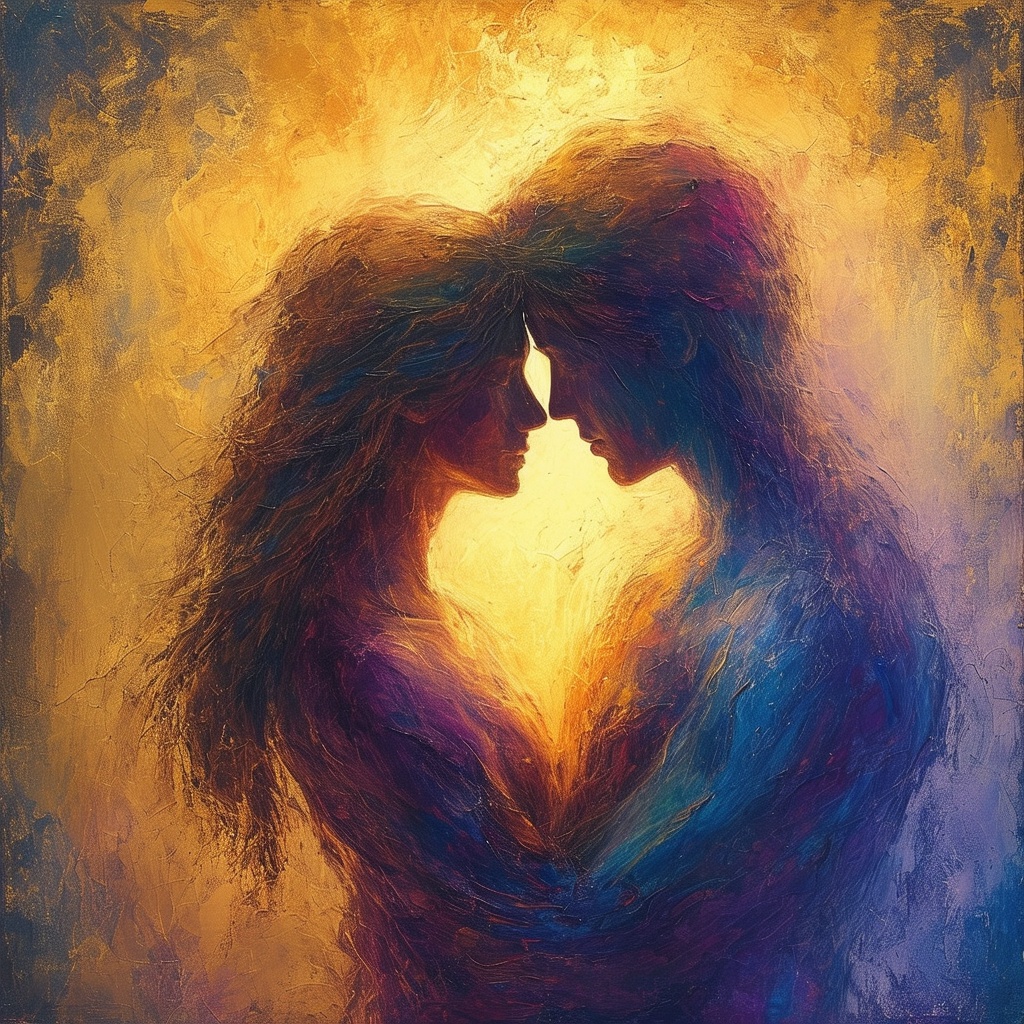 The journey of manifesting love through an evocative digital painting featuring intertwined human figures. Set the scene with a warm, golden lighting that bathes the subjects in a soft, romantic glow, creating a sense of intimacy and connection. Position the figures in an embrace, their bodies entwined as they lean towards one another, faces close and expressions serene. Shoot the scene from a slightly elevated angle, allowing the viewer to feel enveloped in the tender moment. Utilize a fluid, impressionistic artistic style that blends colors and shapes, evoking a dreamlike, emotional quality. Render the piece in a digital medium, incorporating rich textures, flowing brushstrokes, and a visually captivating final result that inspires feelings of love, harmony, and the transformative power of manifestation.