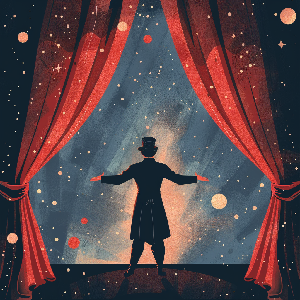 illustration of a curtain reveal at a magician's show