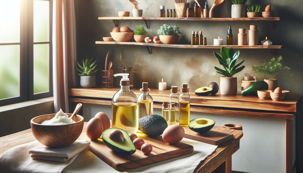 A bathroom counter displaying natural, organic hair care products and DIY hair masks made from avocado, egg, and coconut oil