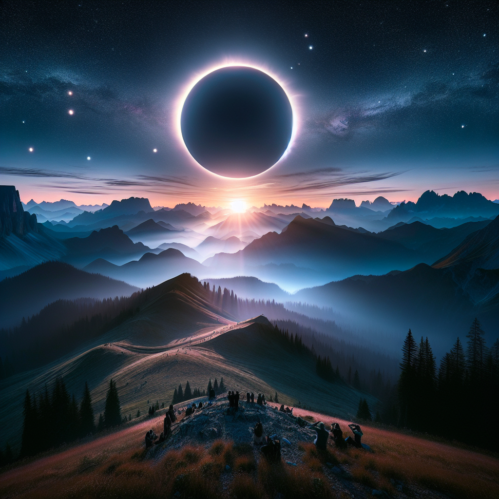 A breathtaking solar eclipse visible from a mountainous landscape, captured in a panoramic photo illustration.