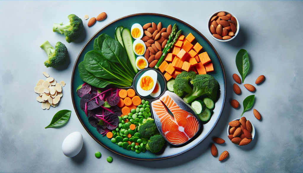 A colorful plate filled with foods rich in biotin, iron, and omega-3 fatty acids, known to support healthy hair growth