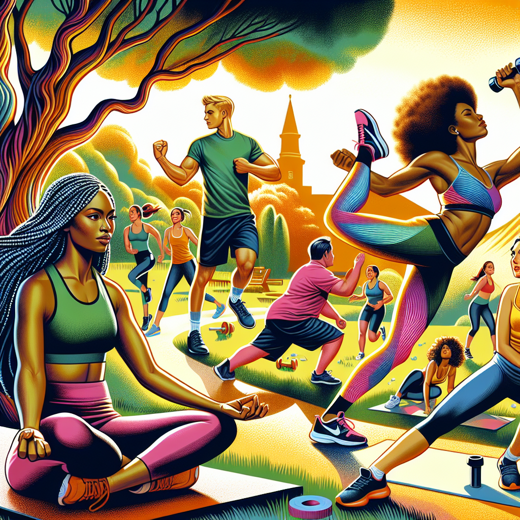 A dynamic illustration of a supportive fitness community at a local park, where friends encourage each other during workouts.