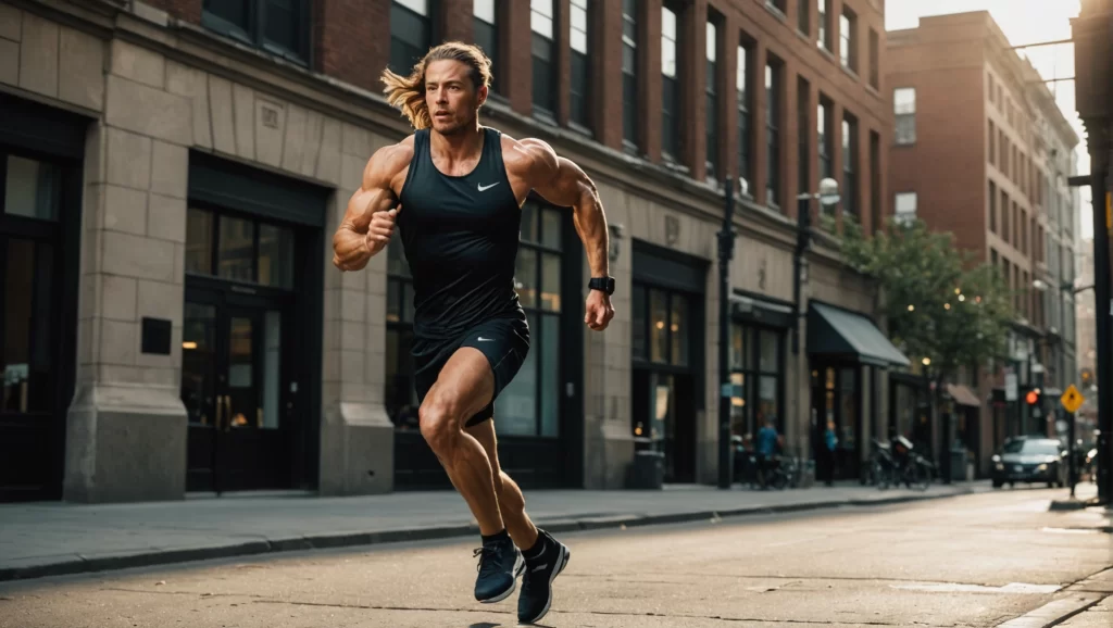 A dynamic photo of a healthy athlete muscular build intensely focused mid-sprint wide shot in a modern urban setting early morning sunlight low-angle Nikon D850 In Style Of Annie Leibovitz