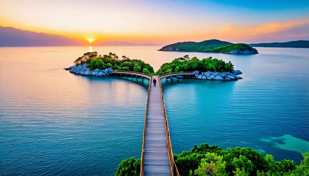 A heart-shaped bridge connecting two separate islands, representing the journey from marriage to independence