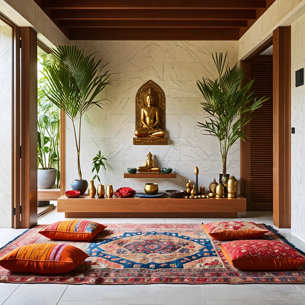 A modern home with a dedicated sacred space, featuring a small altar, meditation cushions, and symbols from various Hindu traditions