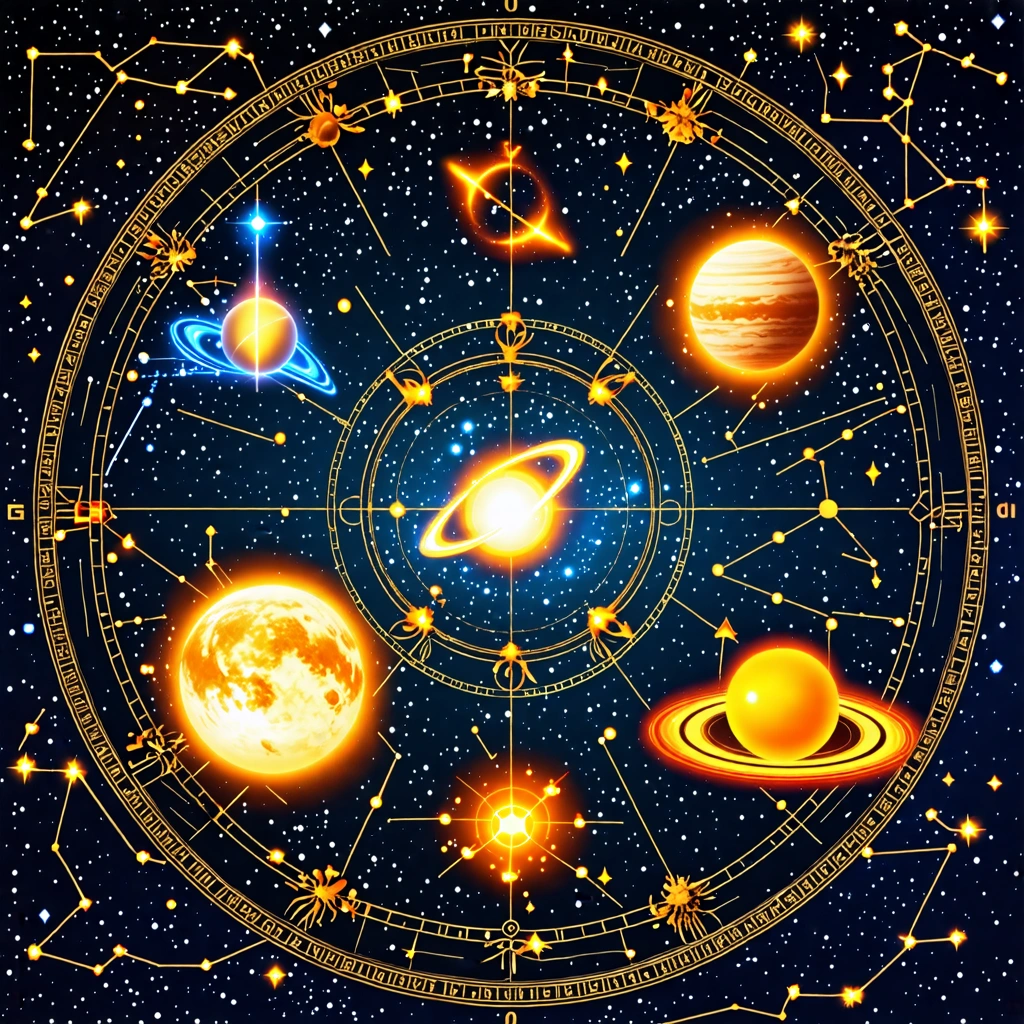 A mystical astrological chart with glowing planetary symbols, overlaid on a night sky filled with constellations