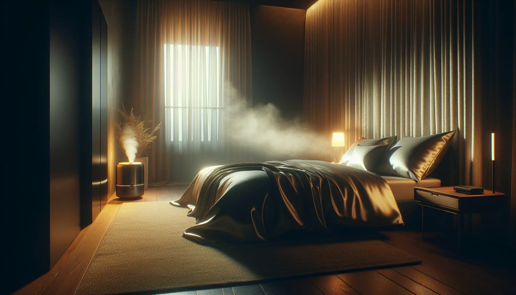 A peaceful bedroom setting with silk pillowcases and a humidifier, creating an optimal sleep environment for hair growth