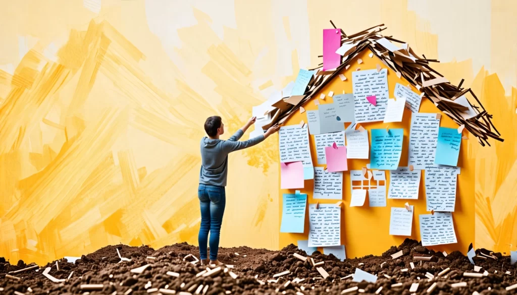 A person building a new house made of diary pages and positive affirmations, symbolizing a fresh start