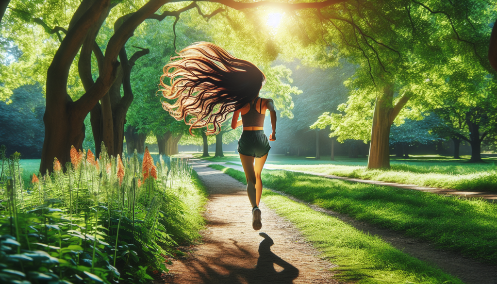 A person jogging in a park, with wind blowing through their hair, illustrating the connection between exercise and hair health