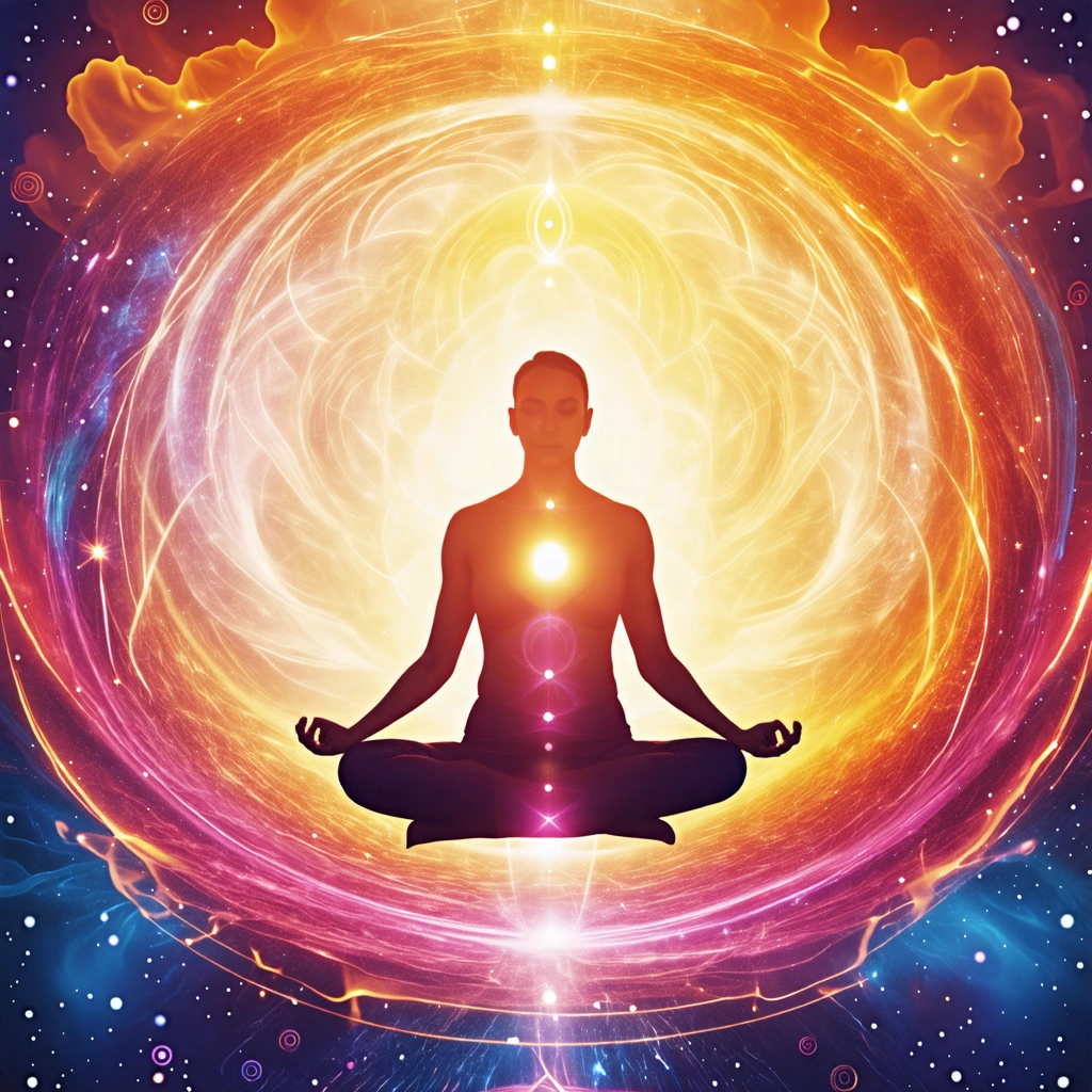 A person meditating in lotus position, surrounded by swirling energy representing the clearing of karmic obstacles and chakra blockages