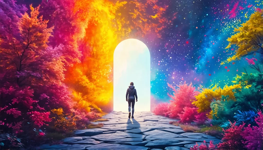 A person stepping through a magical doorway, leaving behind a grey world and entering a colorful, vibrant landscape