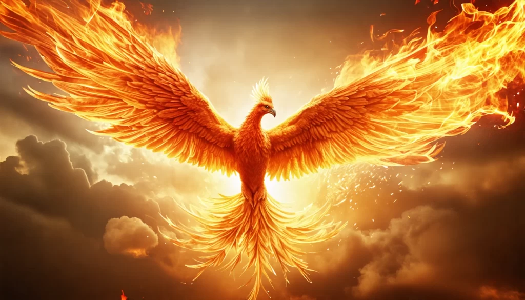 A phoenix rising from the ashes of divorce papers, representing rebirth and new beginnings