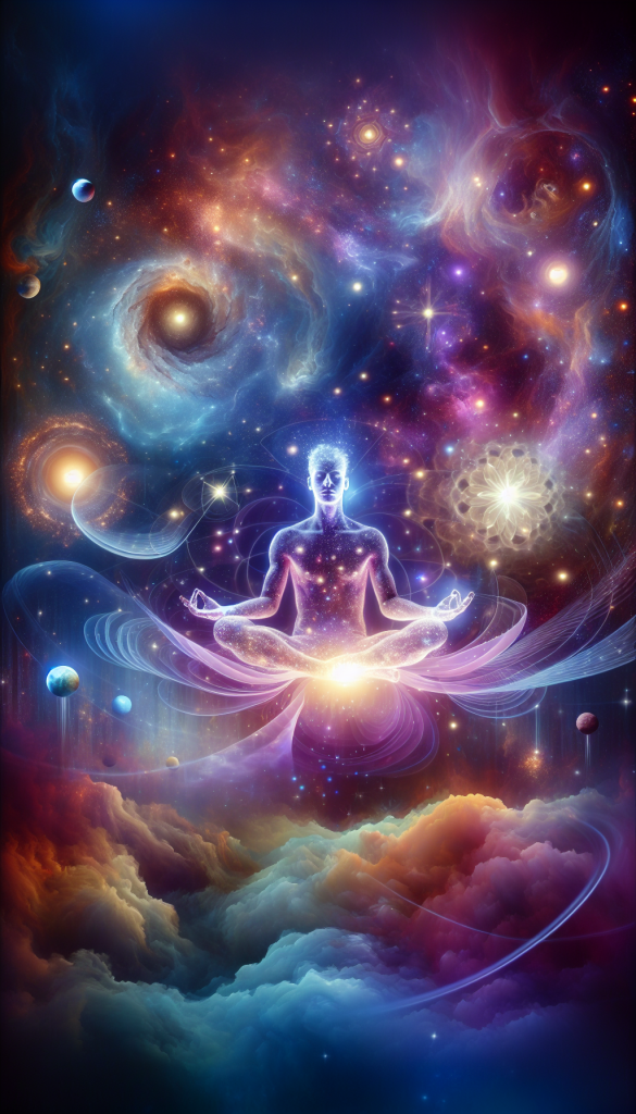 A serene and ethereal scene depicting a person deep in meditation, floating in a cosmic dreamscape.