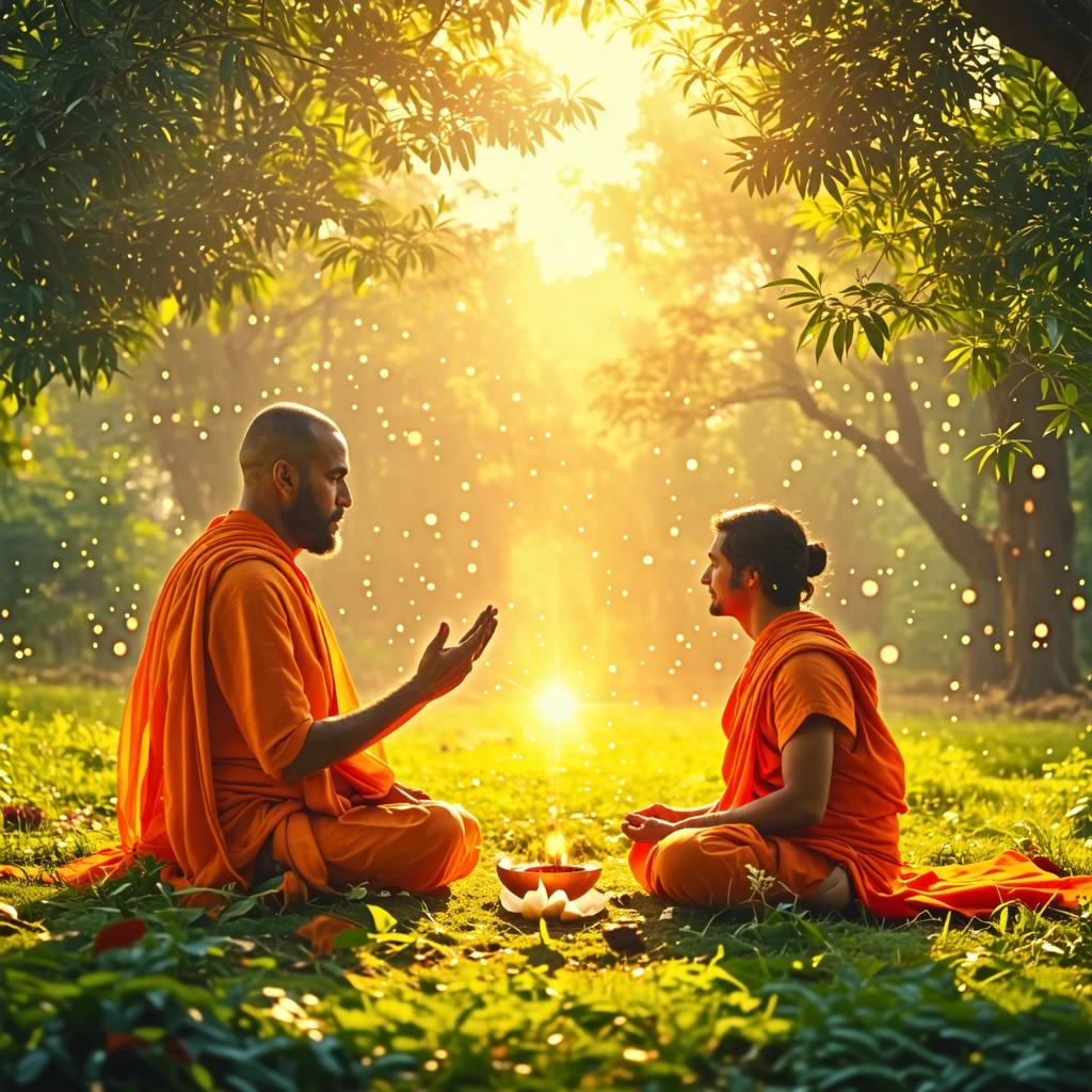 A serene guru giving spiritual initiation (diksha) to a disciple in a sacred grove, with divine light surrounding them