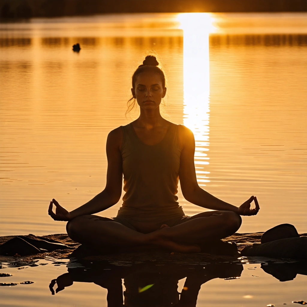 A serene photo of a healthy individual clear complexion meditating peacefully in lotus pose medium shot by a tranquil lake golden hour light high-angle Fujifilm X100V In Style Of Sebastião Salgado