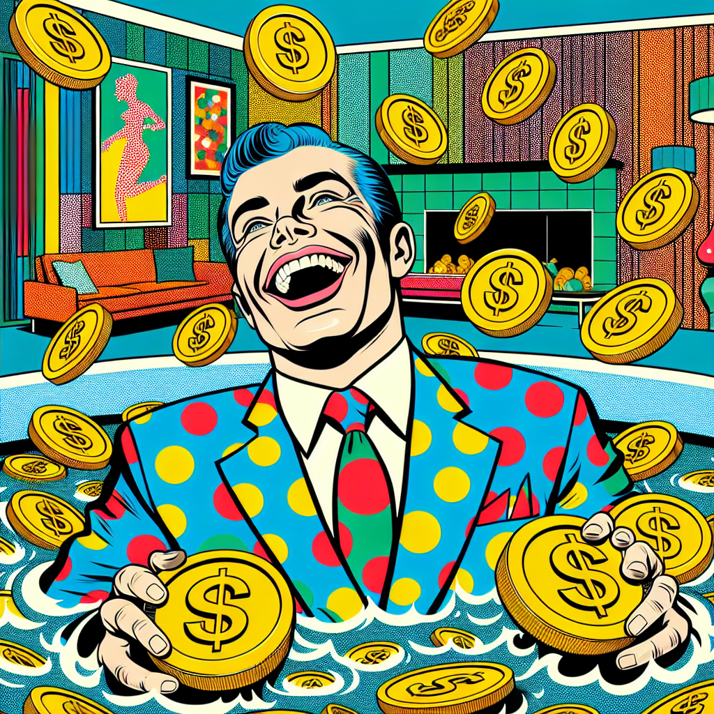 A stylized man with an exaggerated grin, wearing a polka-dot suit, gleefully swimming in a pool filled with oversized coins and dollar signs.