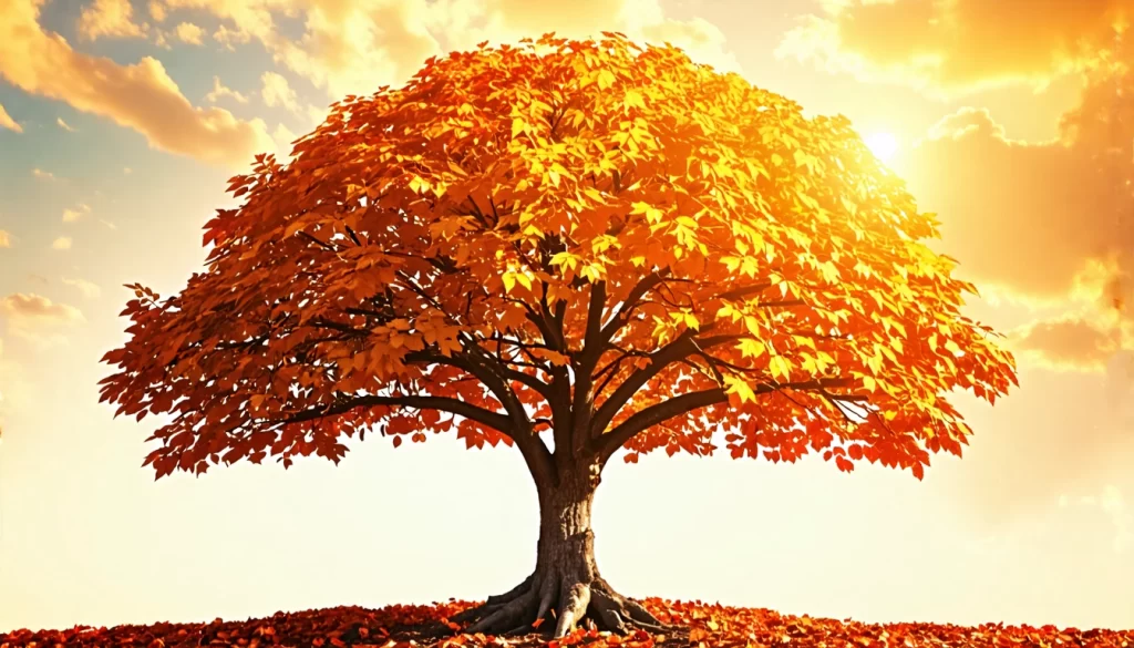 A tree shedding its leaves, each leaf representing an aspect of married life, transforming into a new, vibrant tree