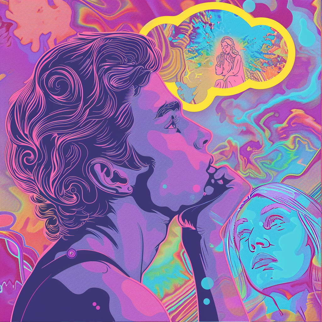 A vibrant digital art in a sticker format depicting a man thinking about a woman.