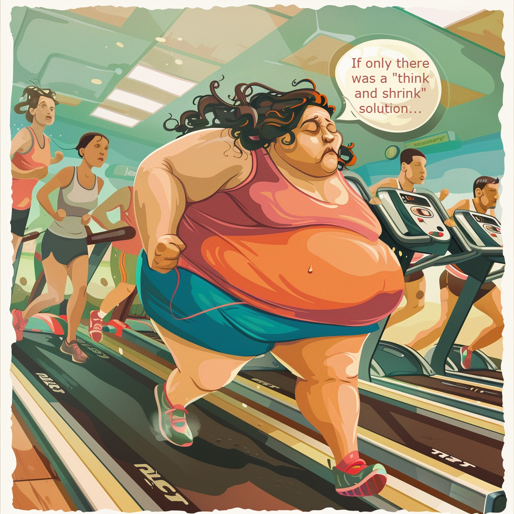 A vibrant digital art in a sticker format depicting an obese woman running on a treadmill.