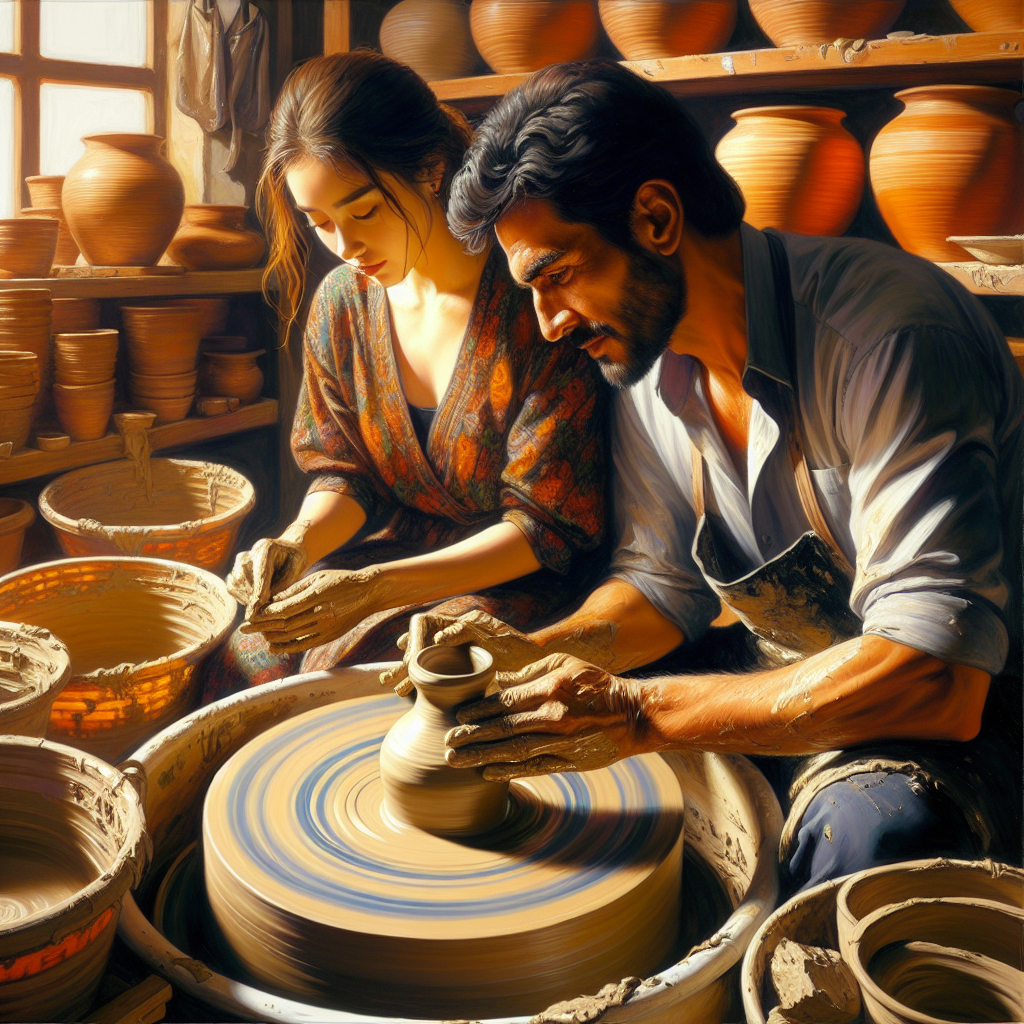 A vibrant, intimate scene of a man and woman engrossed in their shared hobby of pottery, captured in a warm, studio-lit environment.