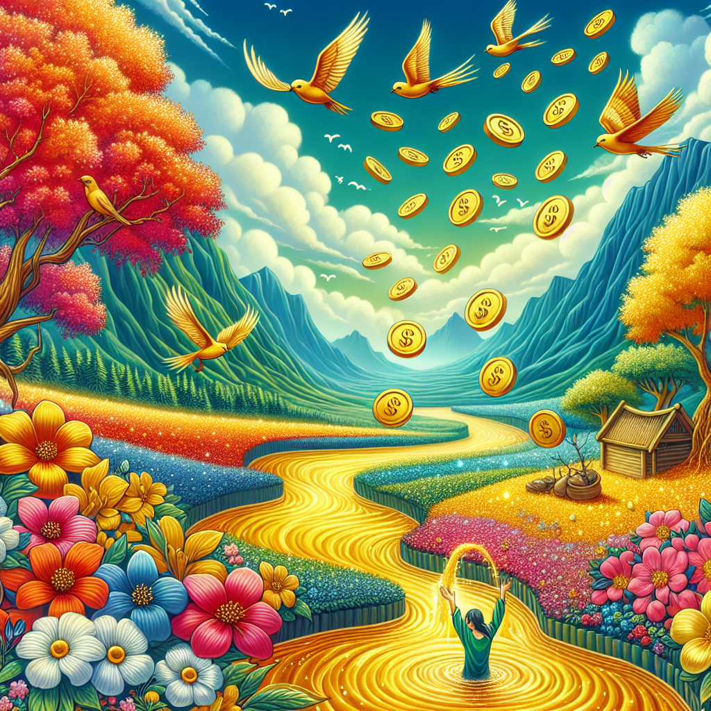 A vibrant landscape representing abundance, featuring a river of gold flowing through a lush valley filled with blooming flowers symbolizing wealth and prosperity