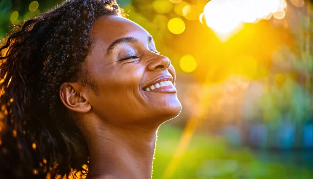 A vibrant photo of a healthy person glowing skin smiling radiantly in a yoga pose close-up in a serene park bathed in natural sunlight eye-level Canon EOS 5D Mark IV In Style Of Steve McCurry