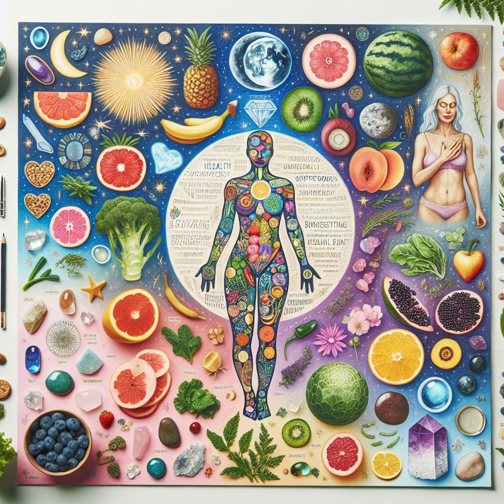 A vibrant vision board filled with images of healthy foods, motivational quotes, and a dream physique, symbolizing the journey of intuitive eating and manifesting health goals.