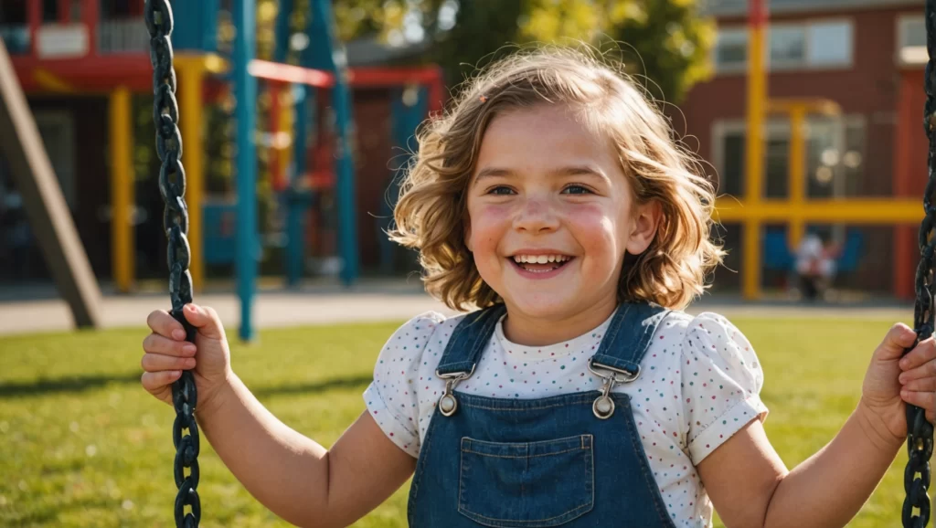 A vivid photo of a healthy child rosy cheeks laughing heartily swinging on a swing close-up in a colorful playground afternoon sunlight eye-level Sony A7R IV In Style Of Dorothea Lange