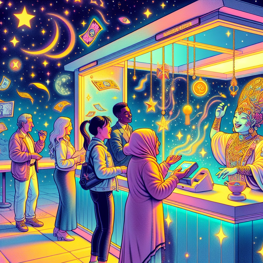 A whimsical cosmic drive-thru where a diverse group of people is placing quirky orders for wealth and happiness, interacting with a charming celestial cashier.