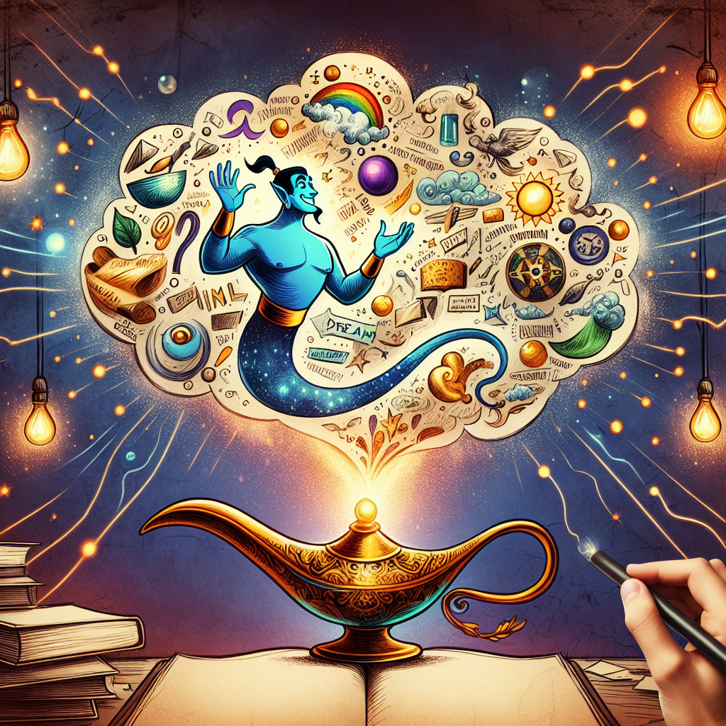 A whimsical interpretation of manifestation as a genie without a lamp, symbolizing the power of the mind to shape reality into a dream body. Include elements of visualization and positive affirmations.