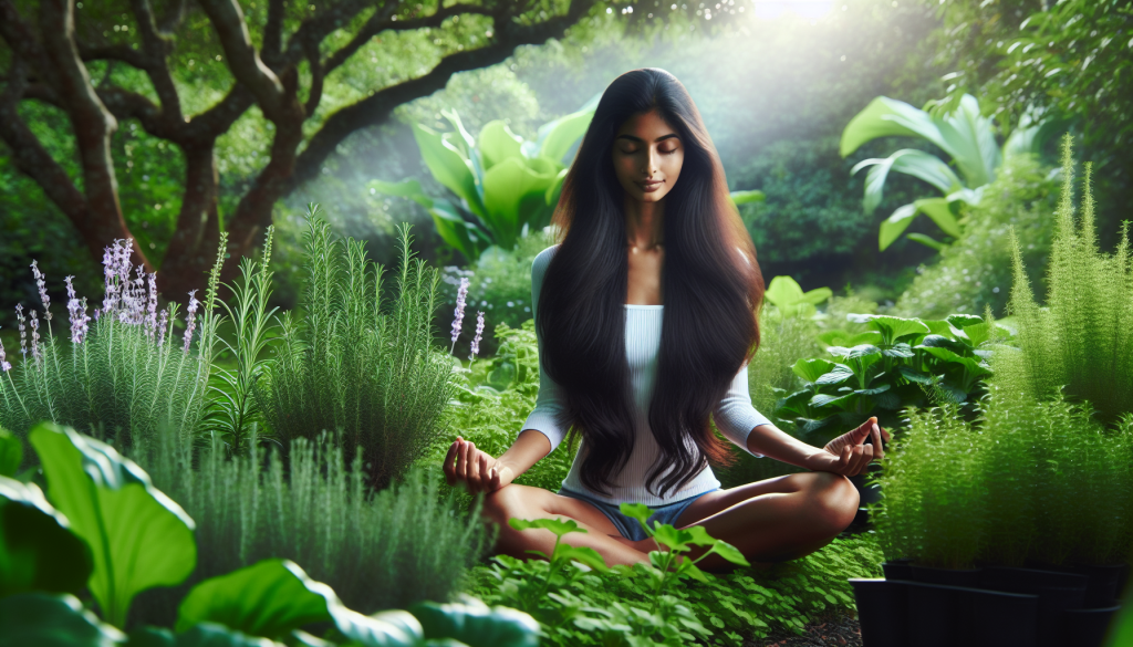 A woman with long, flowing hair meditating in a serene garden, surrounded by lush plants known for promoting hair growth