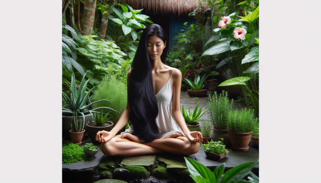 A woman with long, flowing hair meditating in a serene garden, surrounded by lush plants known for promoting hair growth