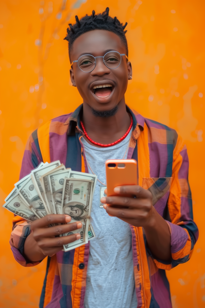 A young Nigerian man excitedly holding cash and mobile phone