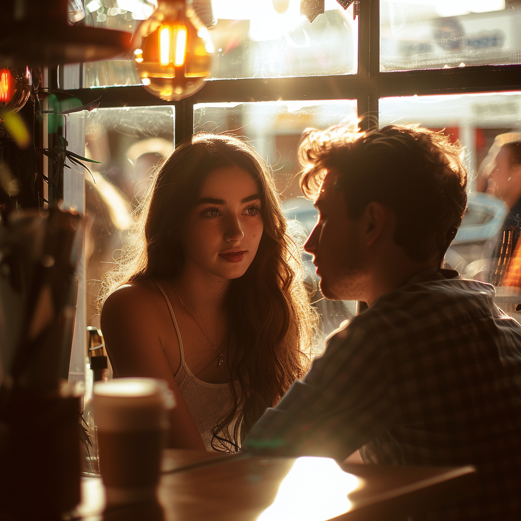 A young couple stealing glances at each other across a bustling café.