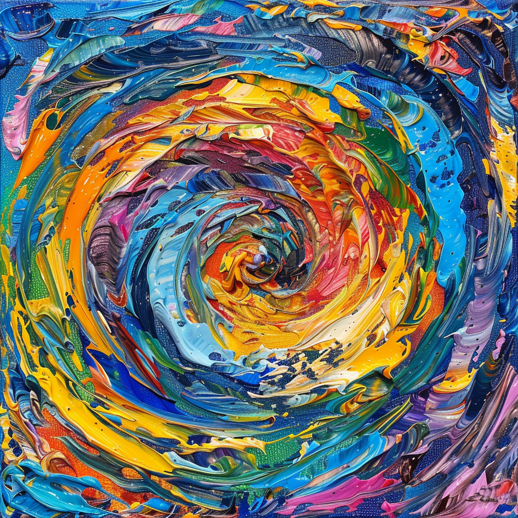 Abstract representation of thoughts becoming reality. Swirling vortex of vibrant colors with tangible objects emerging from the center.