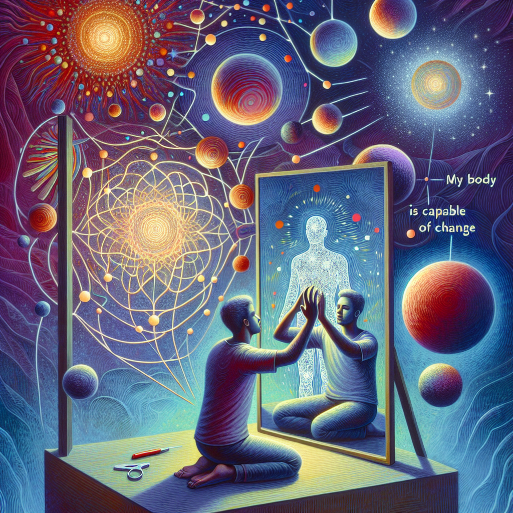 An inspiring scene that illustrates the mind-body connection, featuring a person practicing self-love in front of a mirror