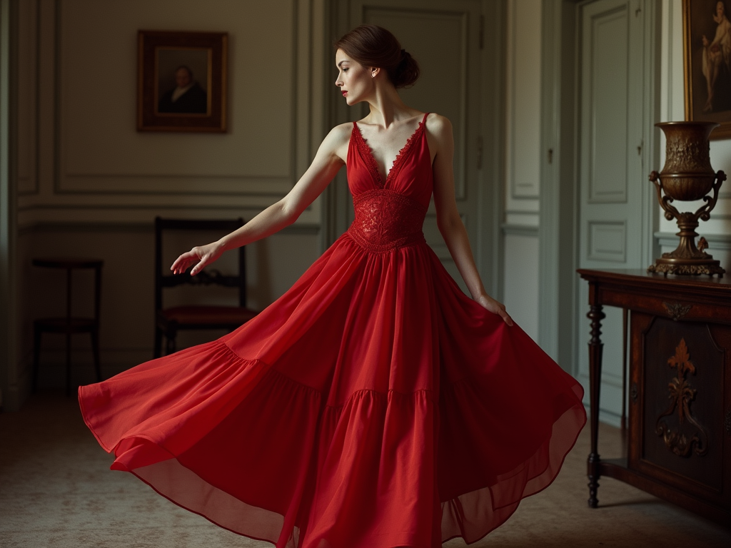 Artistic photo of a fashion ensemble, highlighting a red silk dress with subtle lace details