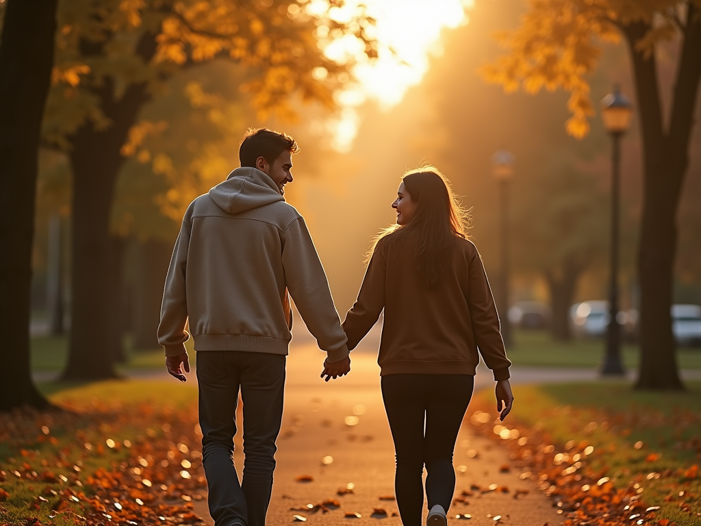 Atmospheric photo of a couple holding hands, genuine smiles, walking in a park