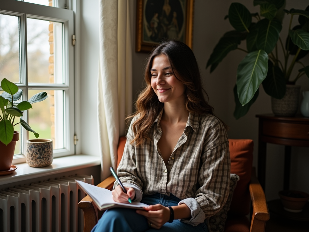 Candid photo of a confident woman, writing in a journal, peaceful expression