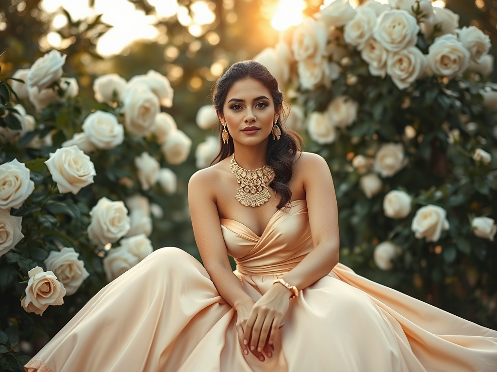 Dreamy photo of a woman dressed in a flowing silk gow, adorned with elegant gold jewelry