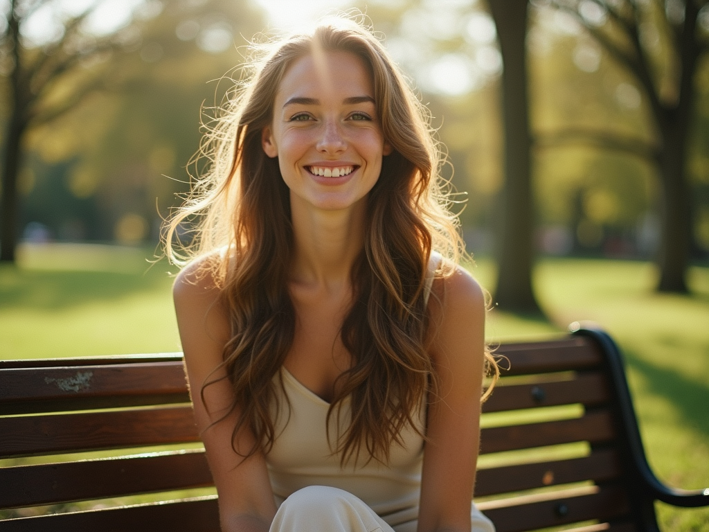 Dreamy vintage photo of a young woman smiling, hopeful expression, long flowing hair, sitting on a park bench