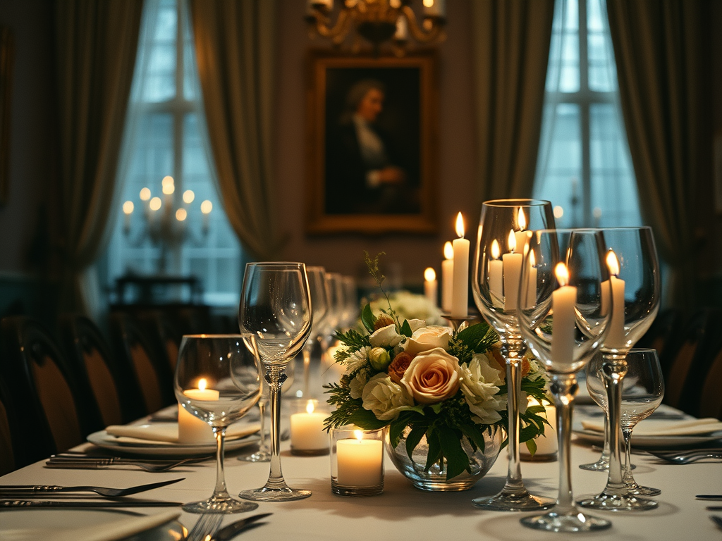 Romantic photo of a dinner setting, featuring a table set with crystal glasses and candles